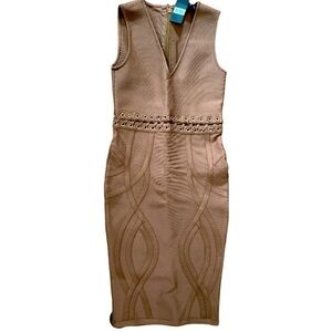 Hot Miami Styles Caramel V Neck Bandage Bodycon Dress